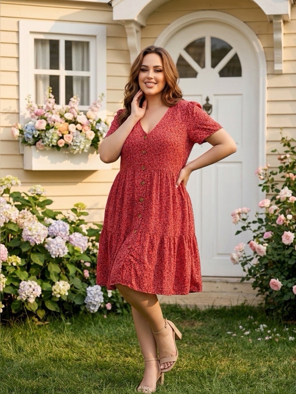 Women's Red Button-Front V-Neck Dress